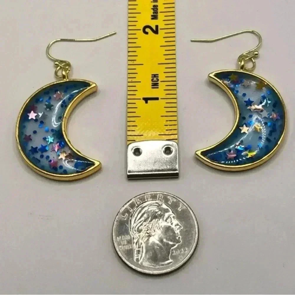 Moon Blue Stars Handmade Resin Glitter Gold Tone Earrings New NWT